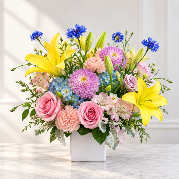 Mixed bouquet of yellow lilies, pink roses, and purple blooms in a white vase