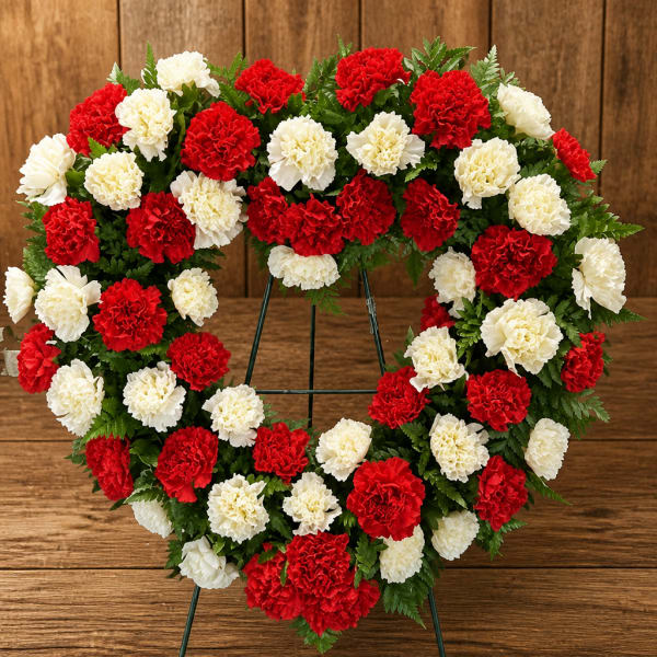 Heart-shaped wreath of red and white carnations on a metal stand