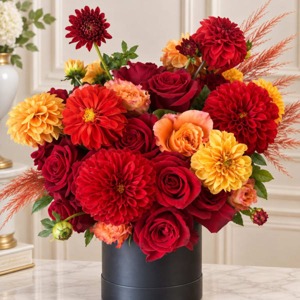 Red and orange flower arrangement in a black box