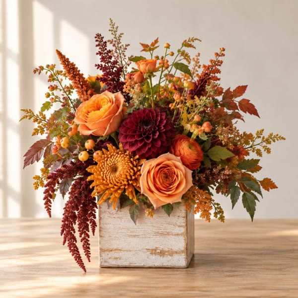 Autumn floral arrangement in a rustic wooden box with orange and burgundy blooms