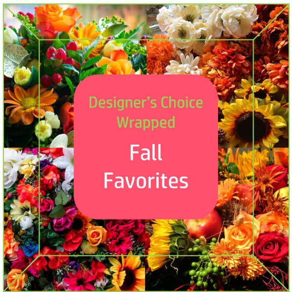Fall-themed collage of mixed flowers with a central pink label