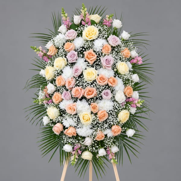 Pastel rose and chrysanthemum standing spray on a wooden easel