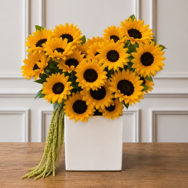 Sunflower arrangement in a white square vase with trailing greenery