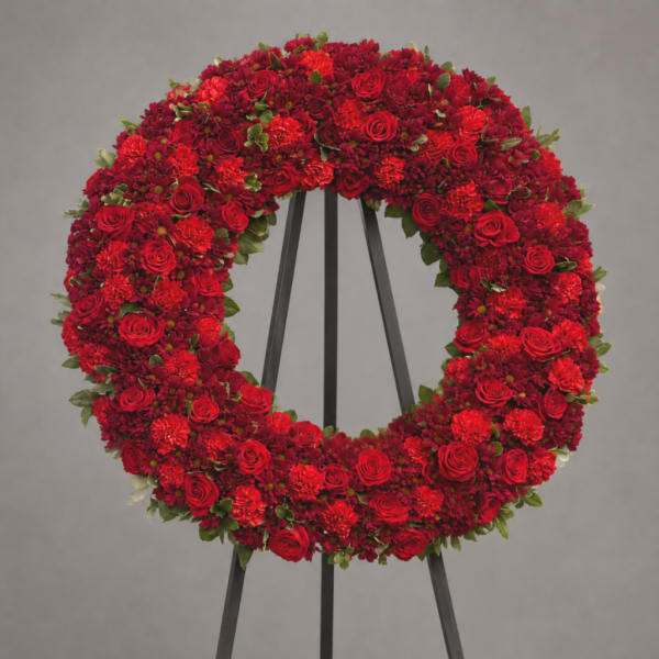 Red floral wreath on a black easel stand
