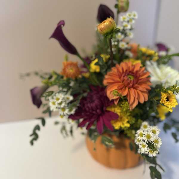 Mixed bouquet with orange, purple, white, and yellow flowers in a pumpkin-shaped container