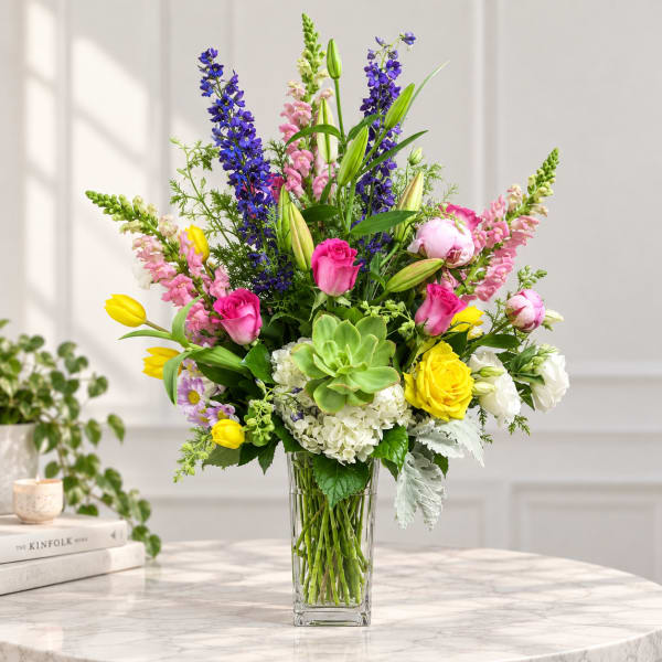 Colorful bouquet in a clear glass vase with roses, lilies, and tall purple blooms