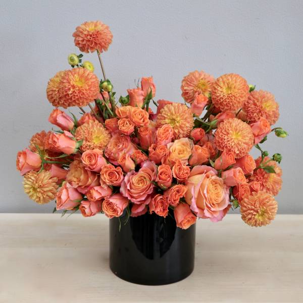 Low orange and peach rose and dahlia arrangement in a black cylinder vase