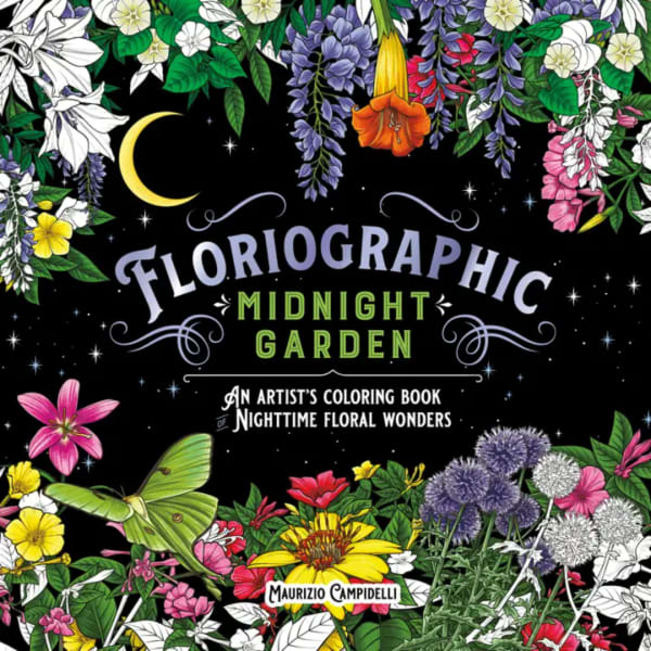 Colorful floral coloring book cover with flowers, butterflies, and a crescent moon