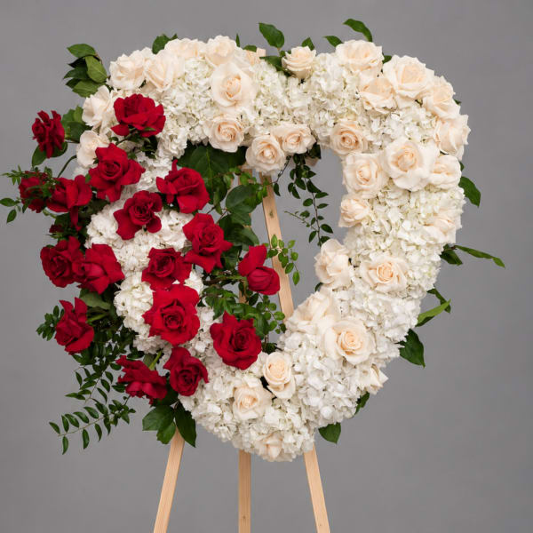 Heart-shaped floral wreath with red and cream roses on a wooden easel