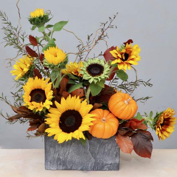 Autumn arrangement of yellow sunflowers and small orange pumpkins in a gray rectangular vase