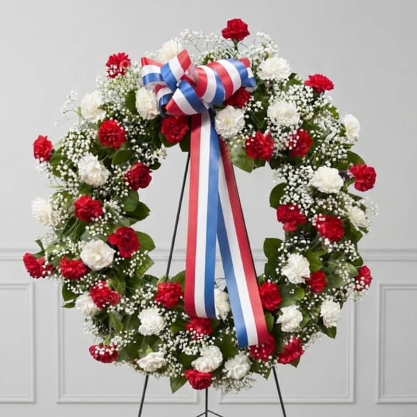 Red and white carnation wreath with a red, white, and blue ribbon bow