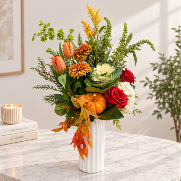 Autumn bouquet in a white vase with orange tulips, red roses, and pumpkins