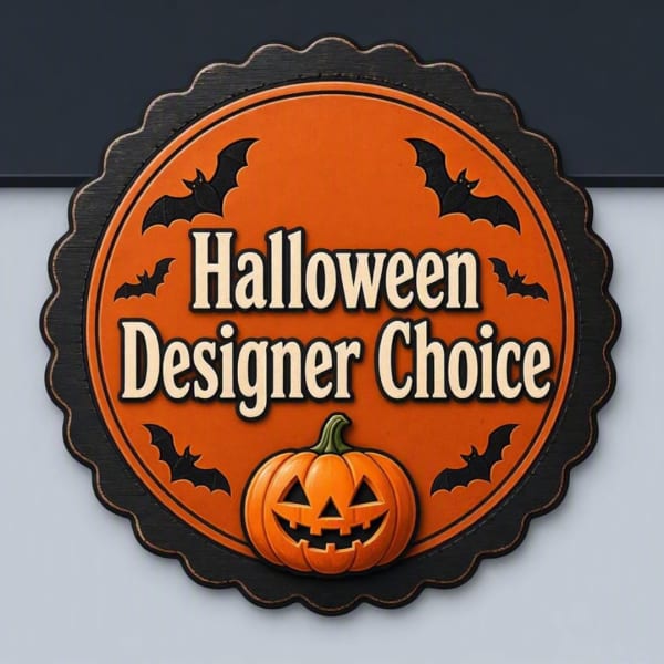 Round Halloween sign with bats and a jack-o'-lantern