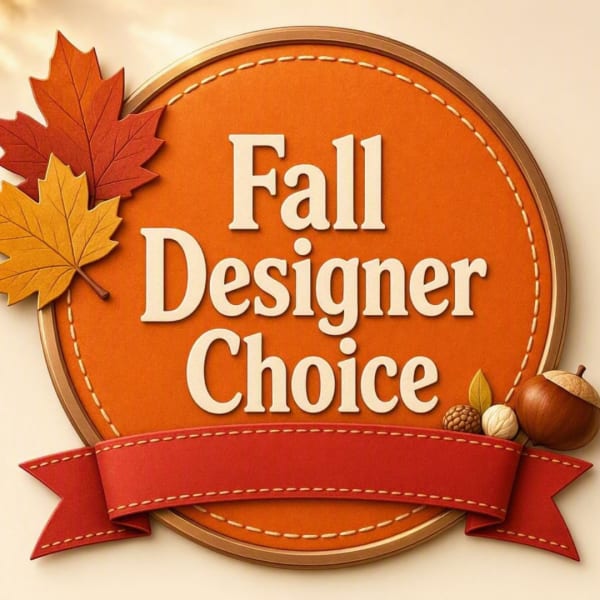 Fall Designer Choice sign with autumn leaves and ribbon
