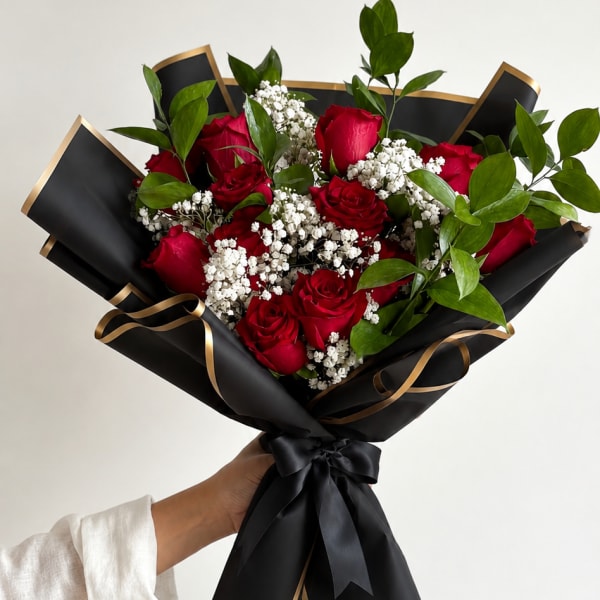 Handheld bouquet of red roses and white baby's breath wrapped in black paper