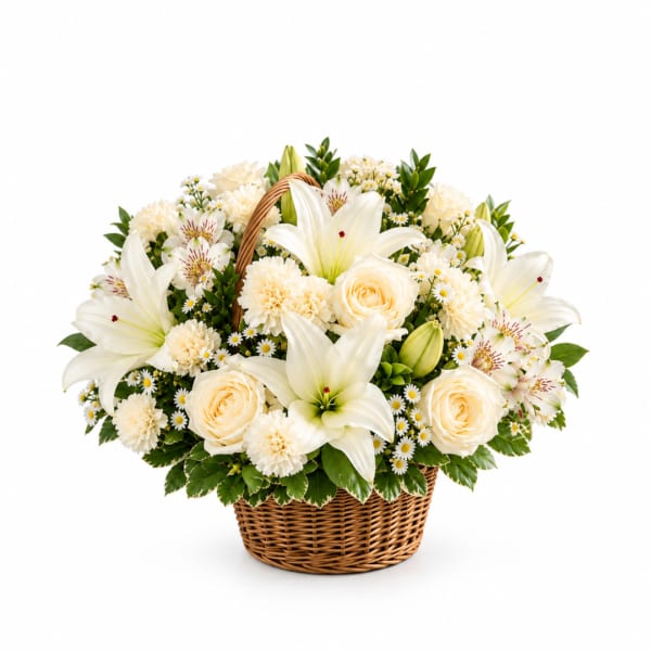 Cream flower arrangement in a wicker basket with lilies and roses