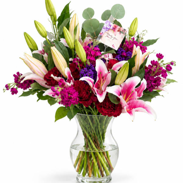 Bouquet of pink lilies, red carnations, and purple flowers in a glass vase