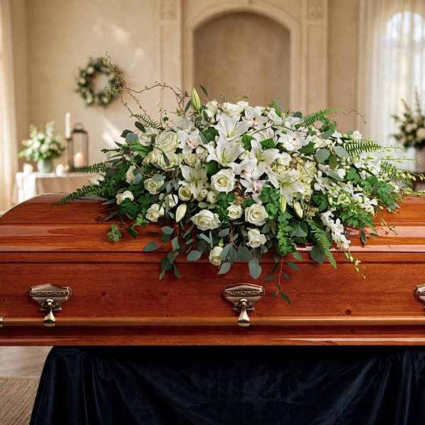 White floral casket spray on a wooden casket in a chapel