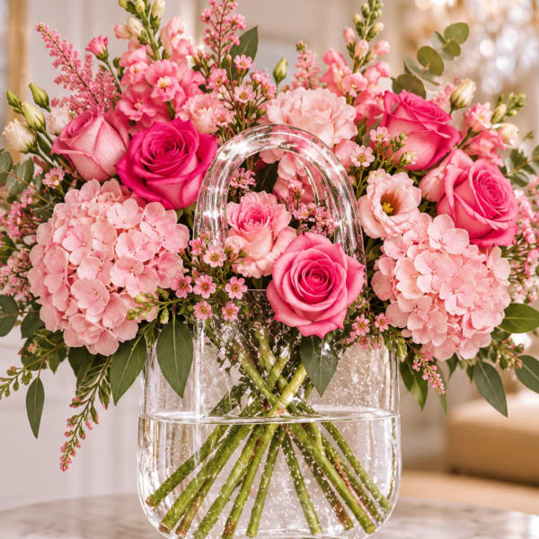 Pink roses and hydrangeas arranged in a clear glass handbag vase