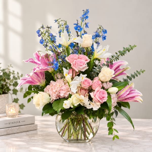 Mixed bouquet of pink and white flowers in a clear glass vase
