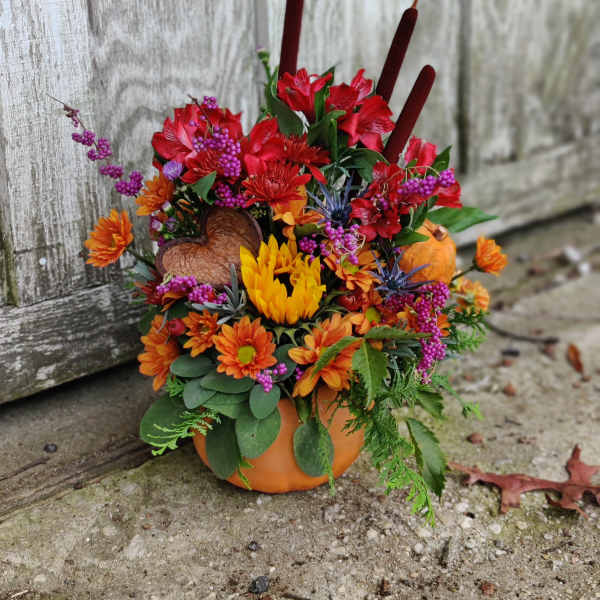 Harvest Pumpkin with Fresh and Dried Flowers