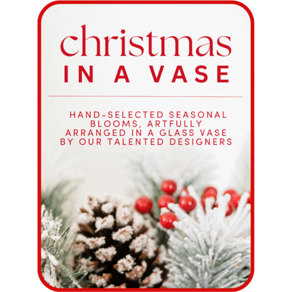 Christmas-themed graphic with frosted pine branches, red berries, pine cones, and festive text