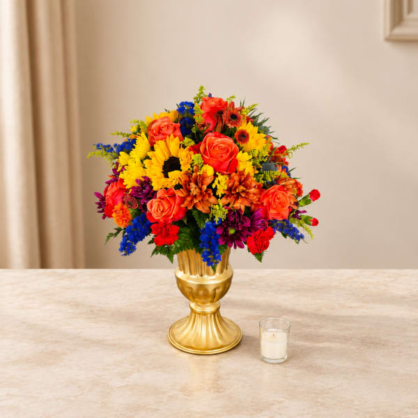Bright mixed bouquet in a gold vase with a small candle nearby