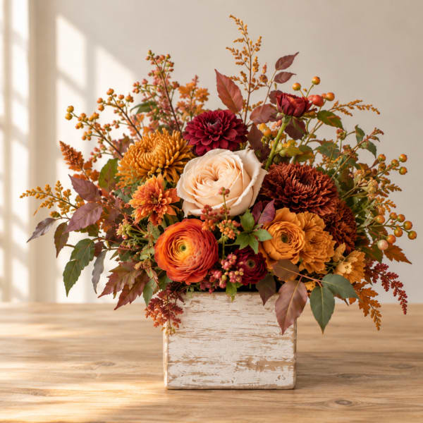 Autumn floral arrangement in a rustic white wooden box