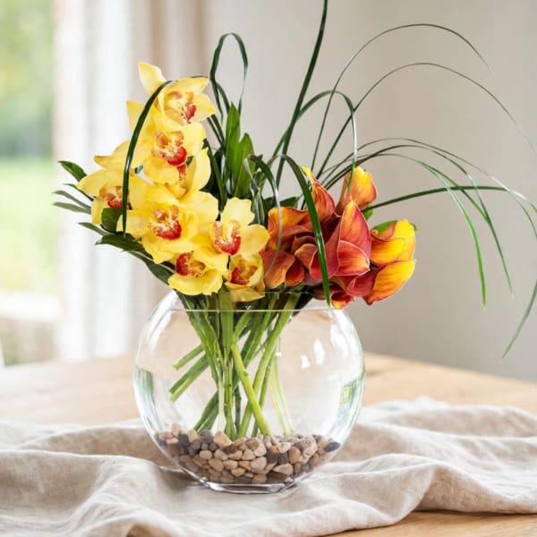 Yellow and orange orchids in a round glass vase with pebbles