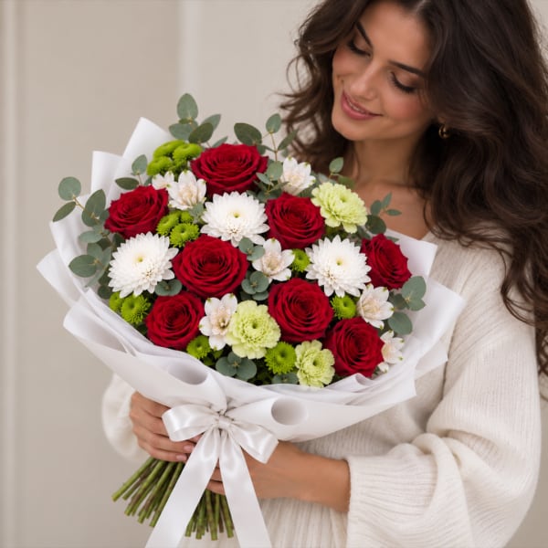 Woman holding a bouquet of red roses and white flowers wrapped in white paper