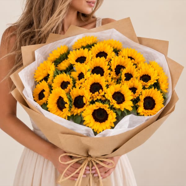 Woman holding a large bouquet of sunflowers wrapped in brown paper