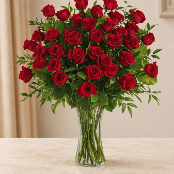 Bouquet of red roses in a clear glass vase