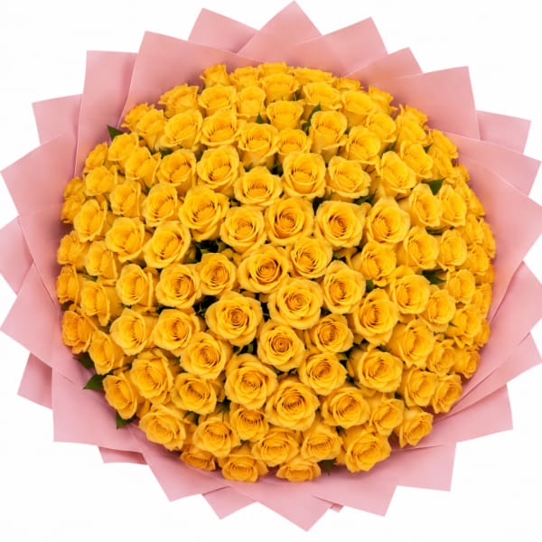 Large bouquet of yellow roses wrapped in pink paper