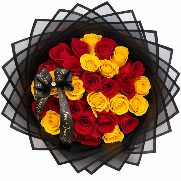 Bouquet of red and yellow roses wrapped in black paper with a ribbon