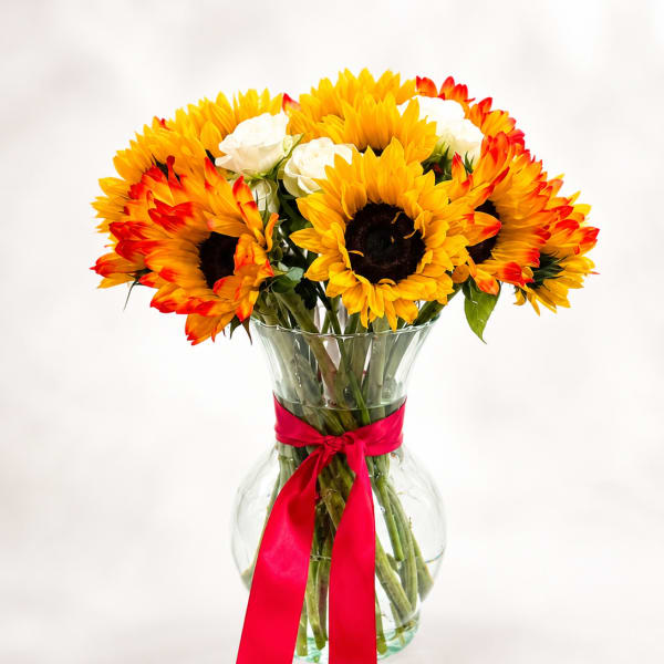 Sunflower bouquet in a clear glass vase with a red ribbon
