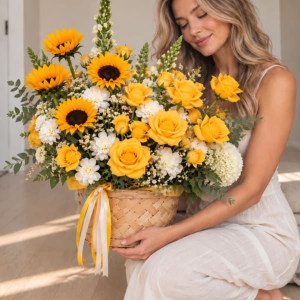 Woman holding a basket of yellow roses, sunflowers, and white flowers