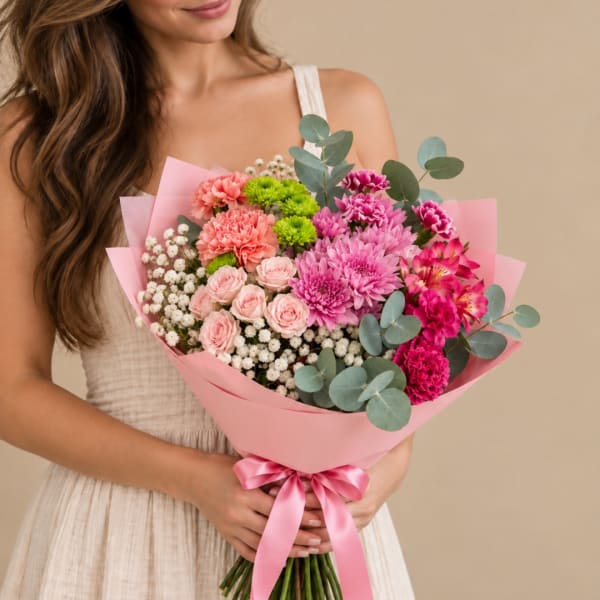 Woman holding a pink bouquet of mixed flowers with a ribbon
