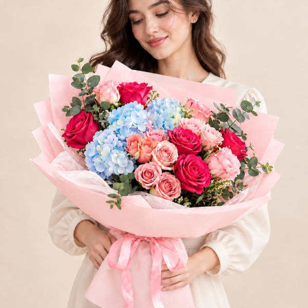 Woman holding a pink-wrapped bouquet of roses and blue hydrangeas