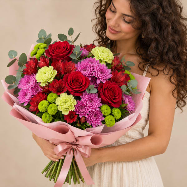 Woman holding a bouquet of red roses, pink chrysanthemums, and green pompons