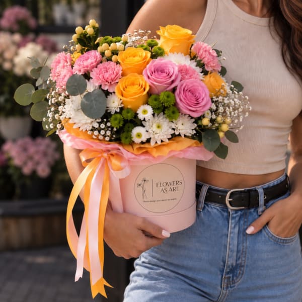 Pink and yellow mixed bouquet in a round pink box with ribbon