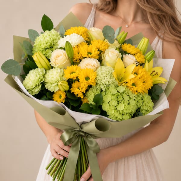 Woman holding a bouquet of yellow and green flowers wrapped in paper