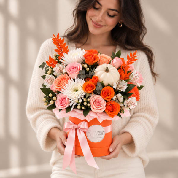 Woman holding a round floral box arrangement with pink, orange, and white flowers