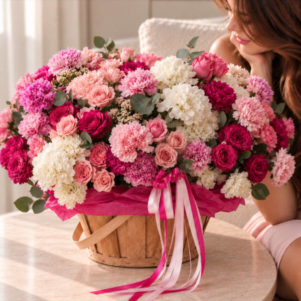 Pink and white flower arrangement in a wooden basket with ribbon