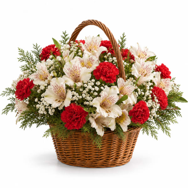 Basket of red carnations and white alstroemeria flowers