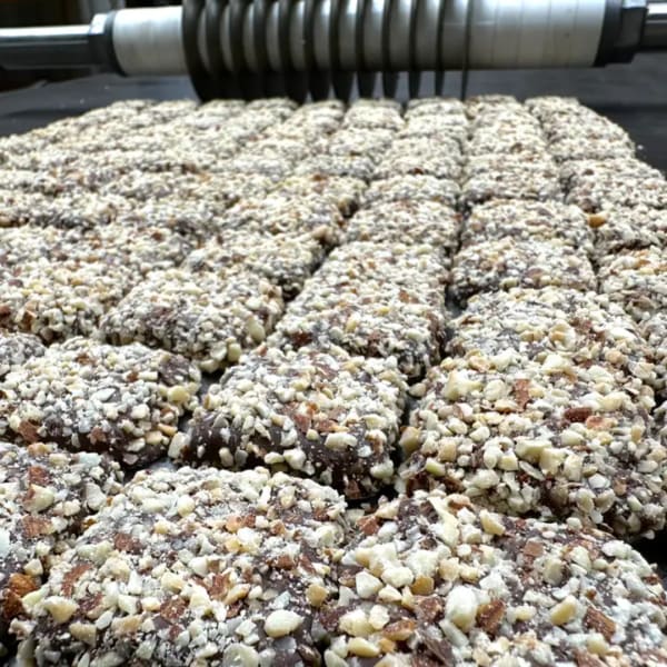 Tray of nut-covered chocolate bars on a dark surface