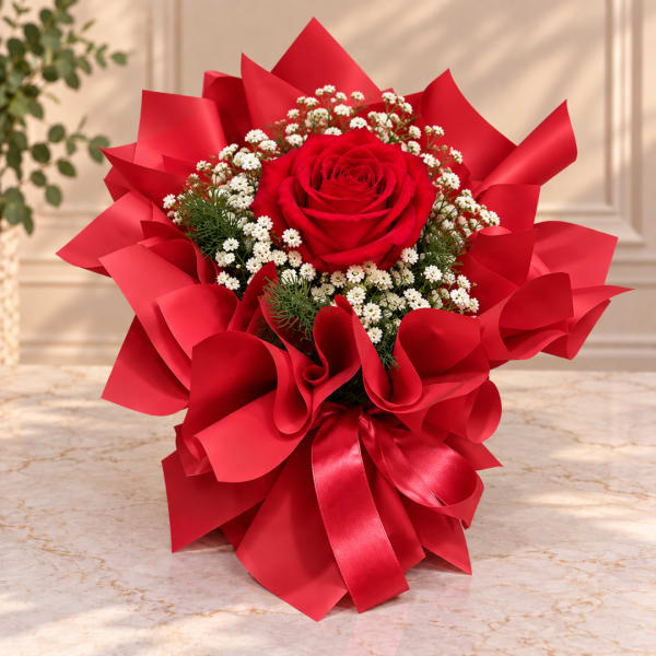 Red rose bouquet wrapped in bright red paper with small white filler flowers