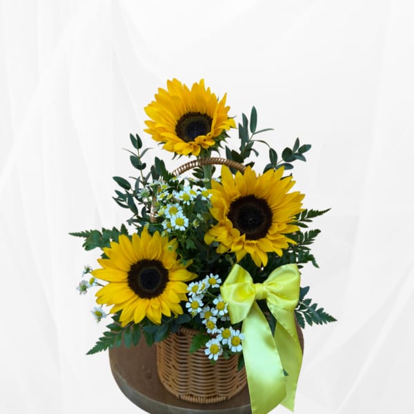 Basket arrangement with sunflowers, small white daisies, and a yellow ribbon
