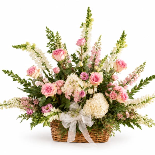 Pink roses and white flowers arranged in a wicker basket with a sheer bow