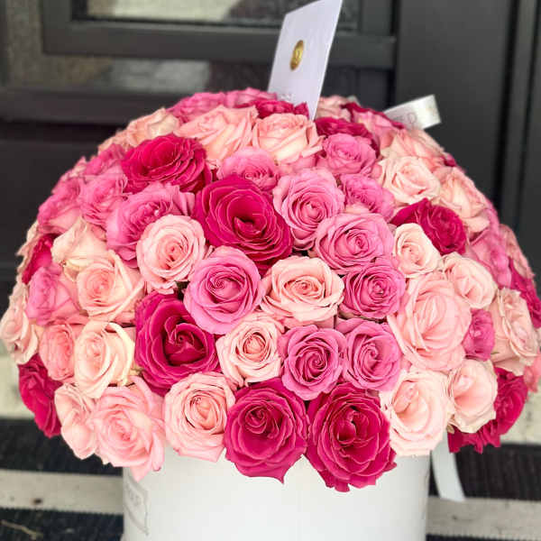 Round box arrangement of pink and blush roses