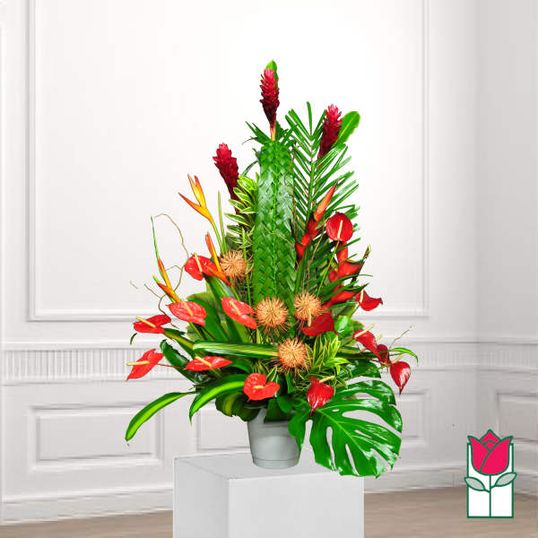 Tropical floral arrangement with red blooms in a white pot
